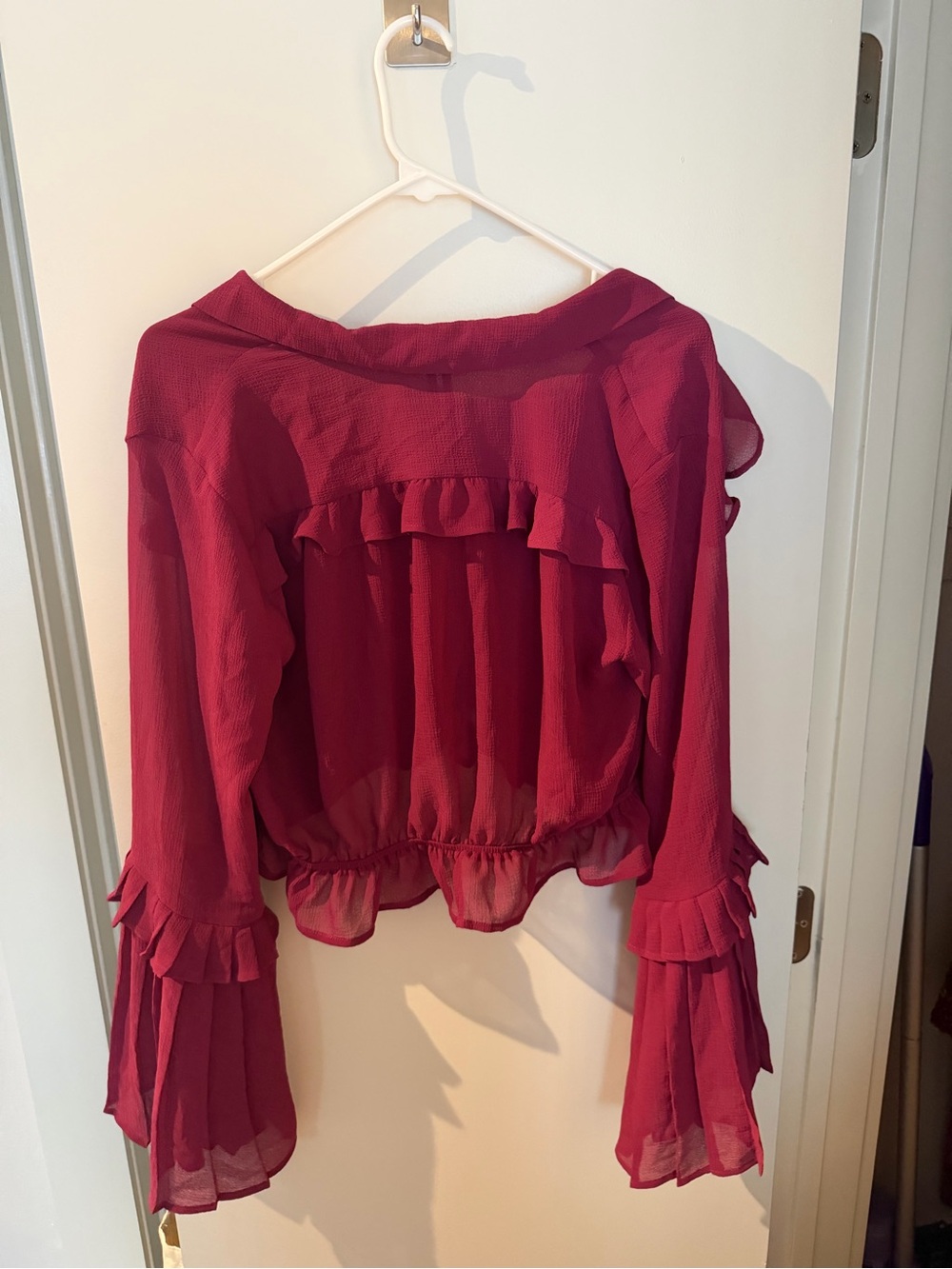 Anthropologie Raspberry Ruffled V-Neck Crop Blouse - Picture 2 of 2